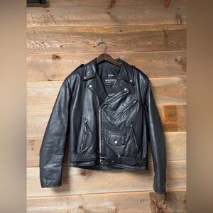 Vtg 90s WILSONS Black Leather Motorcycle Biker Punk Jacket Moto Zipper Belt Sz L
